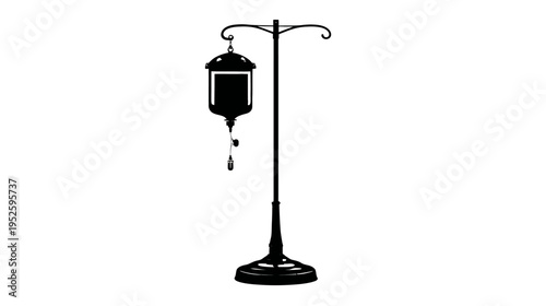 Black silhouette of an IV drip stand with an infusion bag. Medical intravenous treatment, healthcare, hospital, and emergency care concept vector icon.