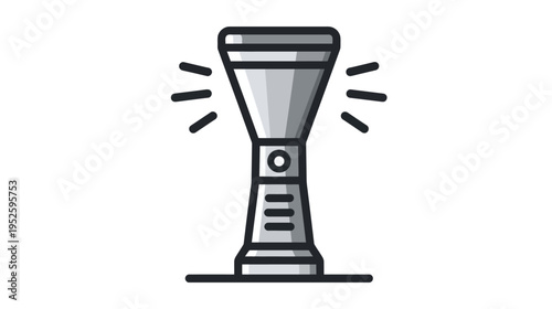 Modern gray flashlight icon with glowing light rays. Simple torch pictogram. Portable illumination device symbol. Emergency light vector.