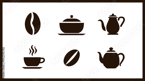 Set of minimalist coffee and tea icons with beans, steaming cups, sugar bowl, and teapots. Vector graphic elements for design.