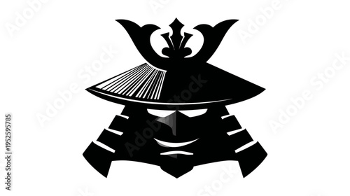 Stylized black and white samurai helmet illustration. Traditional Japanese warrior headgear icon with a smiling face. Eastern culture design.
