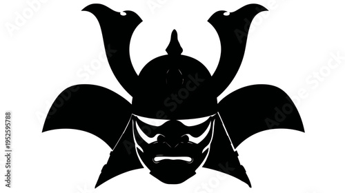Black silhouette of a traditional Japanese samurai helmet and warrior mask. Ancient historical armor emblem and graphic design.