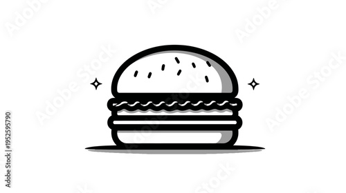 Minimalist hamburger icon illustration with sesame bun. Simple line art fast food graphic for menus, apps, or web design.