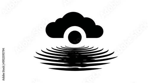 Minimalist Black and White Cloud Icon with Ripples Representing Digital Data, Sound Waves, or Serene Meditation