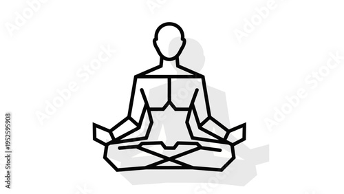 Geometric line art illustration of a person meditating in lotus position, representing mindfulness, peace, yoga, and mental well-being.