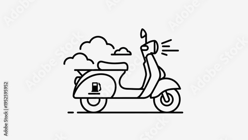 Outline illustration of a vintage style motor scooter with a fuel indicator and clouds, representing travel or delivery.