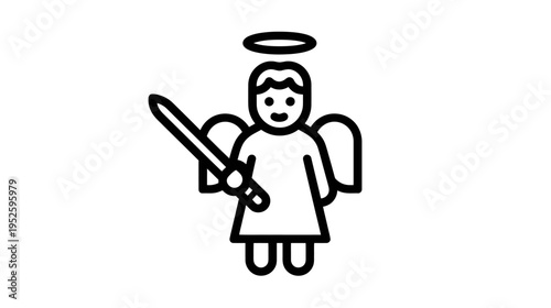Black outline icon of an angel with halo, wings, and a sword, symbolizing protection, spirituality, and divine guidance.
