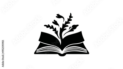 Knowledge Growth Icon: Open Book with Organic Plants and Leaves Blooming from Pages - Education & Nature Concept Vector
