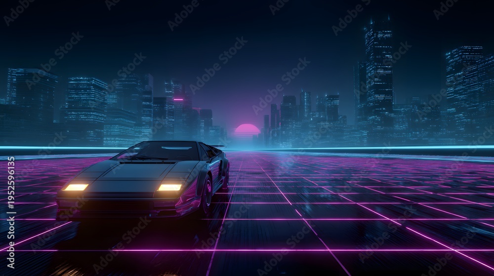 Fototapeta premium Retro sports car driving along a glowing digital highway, neon grid landscape stretching to the horizon, futuristic city skyline in the background, cinematic night atmosphere, reflective metallic