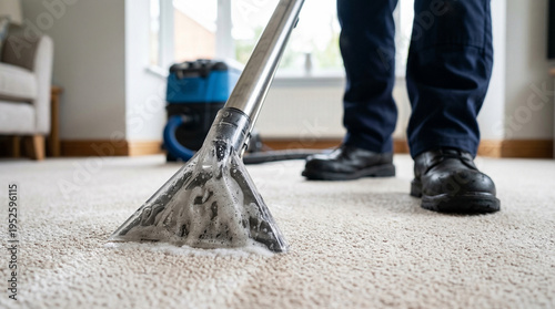 Professional cleaner washing carpet with extraction machine perfect for deep hygiene cleaning and domestic maintenance