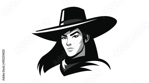 Black and white vector illustration of a determined woman in a wide-brimmed western hat, powerful adventurer portrait graphic.
