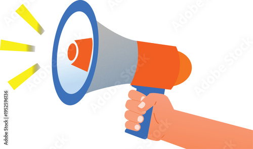 Hand holding megaphone loudspeaker for marketing communication and public announcement with loud sound waves for advertising and promotion