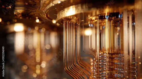 Vertical wiring column inside dilution refrigerator dense wires connecting staged plates reflective gold surfaces suspended connectors precise cryogenic assembly research infrastructure nextgen