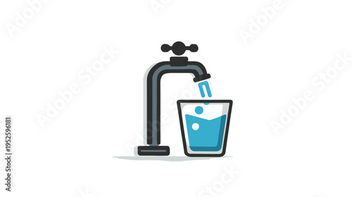 Water tap filling a glass with clean drinking water. Refreshing hydration, safe potable water source. Flat vector icon illustration.