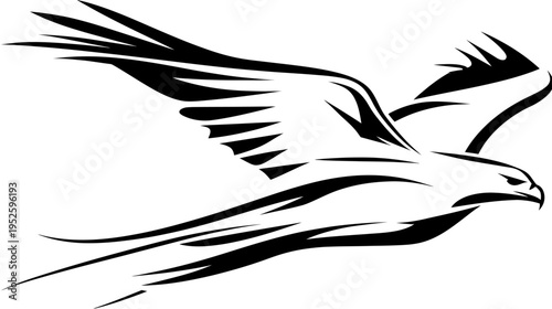 Dynamic black and white stylized eagle in flight illustration. Majestic soaring bird of prey graphic design element.