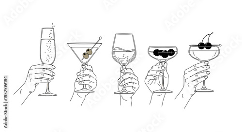 five hands holding various alcoholic beverages like champagne martini and wine perfect for celebrating parties and social events