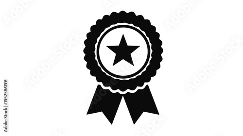Black and white award ribbon icon with star. Quality guarantee badge, premium achievement symbol, success medal graphic.