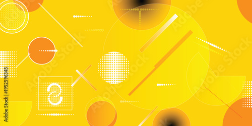 Dynamic yellow background with various abstract geometric shapes, circles, lines, and dots creating modern art composition