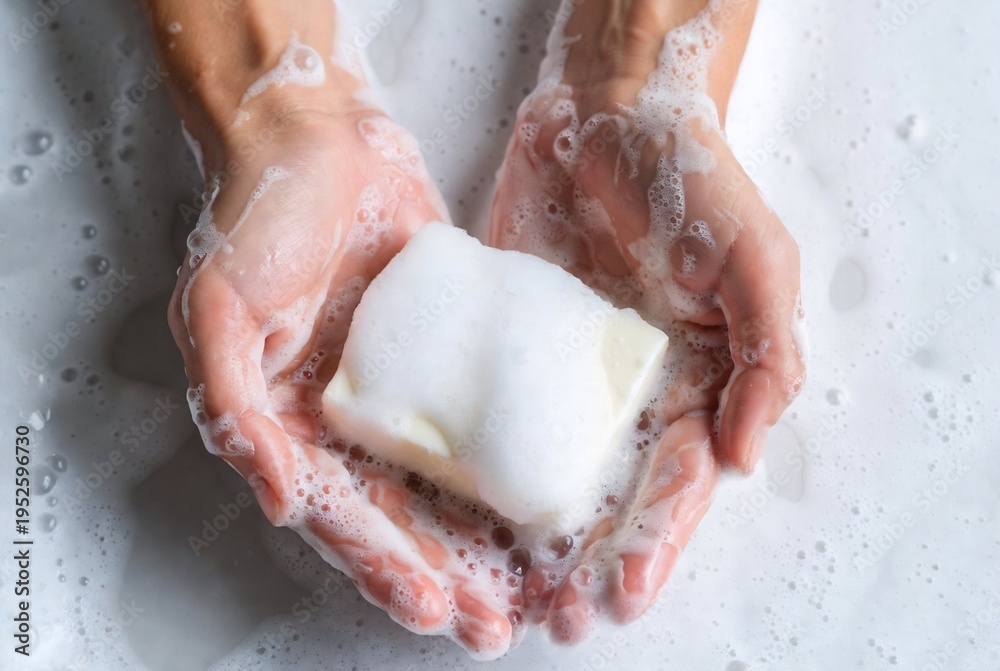 Fototapeta premium Hands holding a bar of soap in a bathtub. Washing hands. Bathroom.