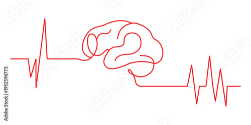 Brain with heartbeat line art illustration, mental health and neurology concept