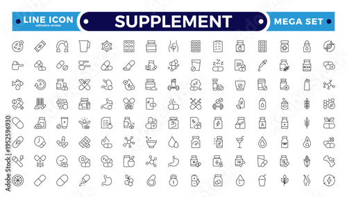 Supplement outline icon set. Containing vitamin, nutritional Supplements, capsules, protein, minerals, herbal, probiotics, antioxidants, and more. Editable stroke outline icon.
