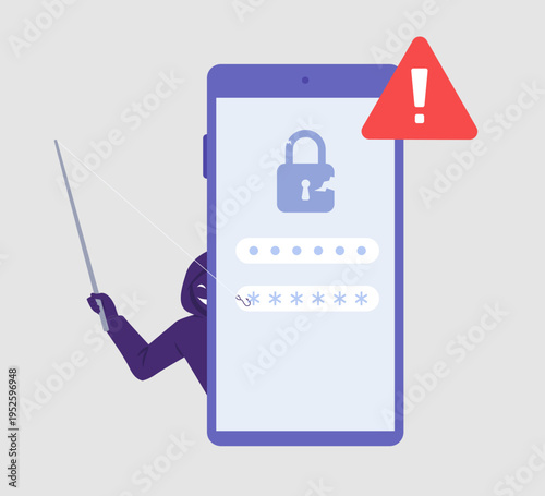 Hacker trying to steal password for sealing money from bank account. Concept of phishing scam, cybercrime, personal information attack, data access. Flat design illustration. 