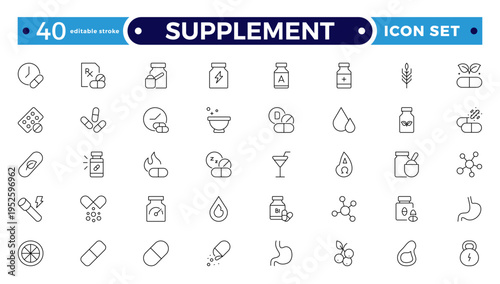 Supplement outline icon set. Containing vitamin, nutritional Supplements, capsules, protein, minerals, herbal, probiotics, antioxidants, and more. Editable stroke outline icon.
