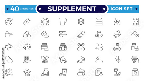 Supplement outline icon set. Containing vitamin, nutritional Supplements, capsules, protein, minerals, herbal, probiotics, antioxidants, and more. Editable stroke outline icon.

