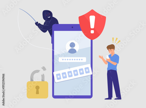 Hacker stealing login and password from victim's phone. Unsafe login with suspicious application or website. Flat design for cybercrime, stealing money from bank app, personal data attack.