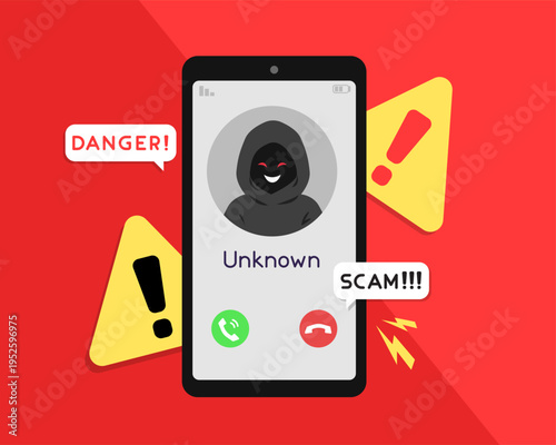 Scam call alert with warning sign. Smartphone with fraud alert on red background. Suspicious call from scammer.