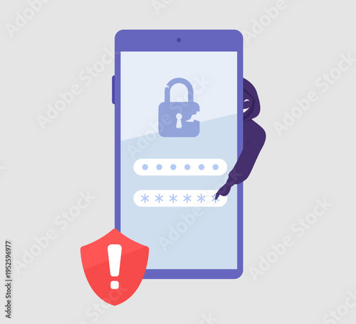 Hacker trying to steal password for sealing money from bank account. Concept of cybercrime, personal information attack, data access, scam. Flat design illustration. 