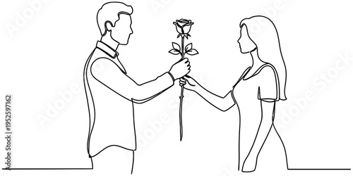 Continuous One Line Drawing of Man Giving Rose to Woman