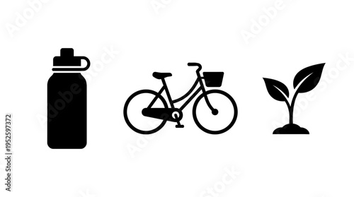 Eco-friendly lifestyle icons water bottle, bike, and plant