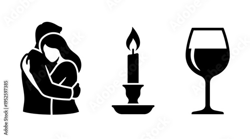 Romantic Icons Couple Hug, Candle, and Wine Glass