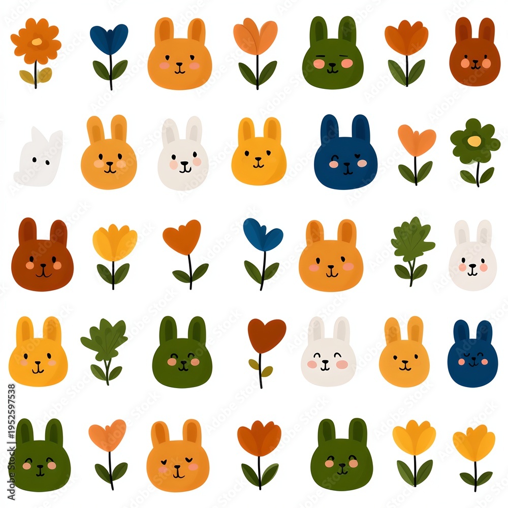 Fototapeta premium Set of Cute Cartoon Bunnies and Flowers on a light color background