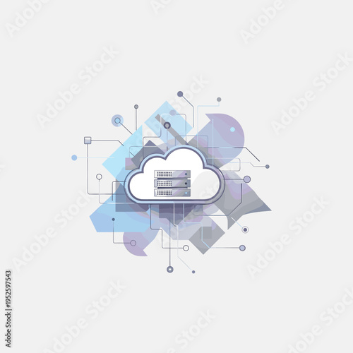 Abstract illustration of cloud computing and data network with geometric shapes and server icon, representing modern digital infrastructure.