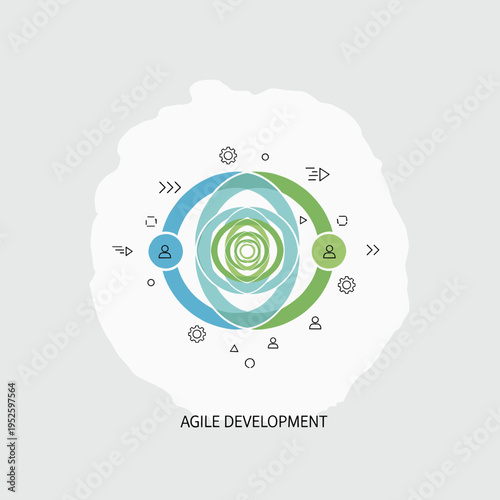 Agile development process illustration with interconnected circles and icons representing teamwork and iterative cycles.