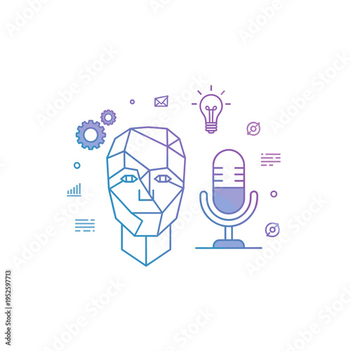 Geometric AI head and microphone with various tech icons, representing voice recognition and artificial intelligence concepts.
