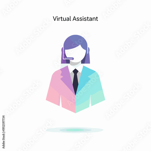 A stylized icon of a virtual assistant or customer service representative wearing a headset, depicted with a split color design in pink/purple and blue/teal.
