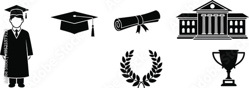 Education milestone success graduation, academic achievement with a graduate, a mortarboard cap, a diploma, a university building, a laurel wreath, and a trophy. 