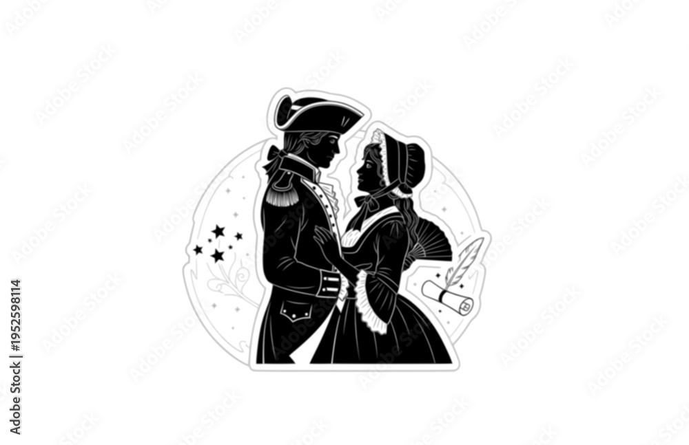 Obraz premium Colonial American 1776 Couple Silhouette, Revolutionary War History Vector Sticker, Founding Era Patriot Romance Illustration