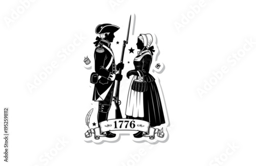 Colonial American 1776 Couple Silhouette, Revolutionary War History Vector Sticker, Founding Era Patriot Romance Illustration