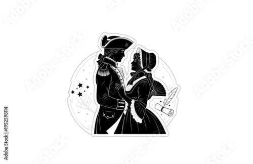 Colonial American 1776 Couple Silhouette, Revolutionary War History Vector Sticker, Founding Era Patriot Romance Illustration