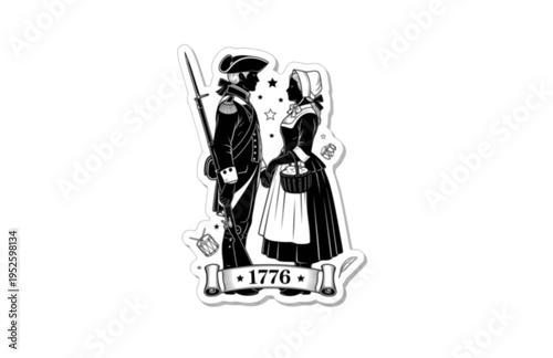 Colonial American 1776 Couple Silhouette, Revolutionary War History Vector Sticker, Founding Era Patriot Romance Illustration