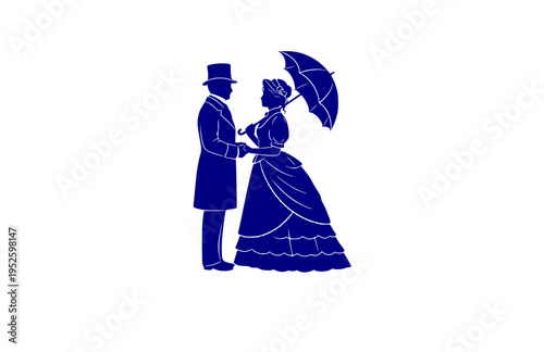 Victorian Era Couple with Parasol Silhouette, Historical London Fashion Vector Sticker, Timeless Romantic Courtship Icon