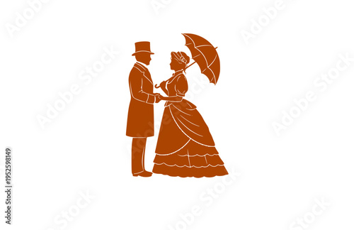 Victorian Era Couple with Parasol Silhouette, Historical London Fashion Vector Sticker, Timeless Romantic Courtship Icon