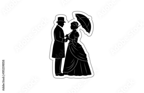 Victorian Era Couple with Parasol Silhouette, Historical London Fashion Vector Sticker, Timeless Romantic Courtship Icon