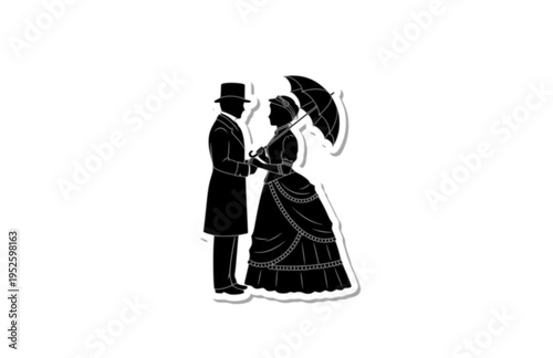 Victorian Era Couple with Parasol Silhouette, Historical London Fashion Vector Sticker, Timeless Romantic Courtship Icon