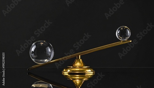 Golden scale with glass spheres showing imbalance and equilibrium