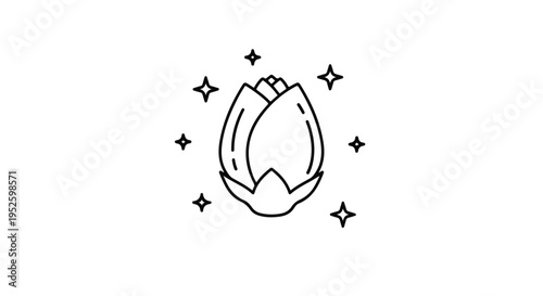 Minimalist Rose Flower Bud Icon with Sparkle Stars Line Art Vector isolated on White