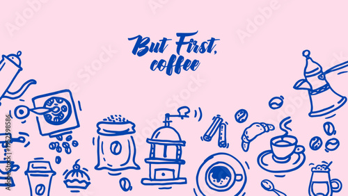 Hand drawn vintage coffee background. Cafe menu and packaging design. Crayon doodle sketch vector illustration.